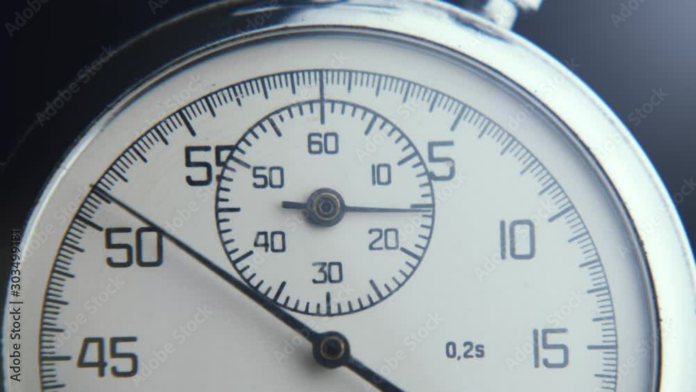 Silver body chromometer with black numbers, circling arrows, and two dials Silver body chromometer with black numbers, circling arrows, and two dials