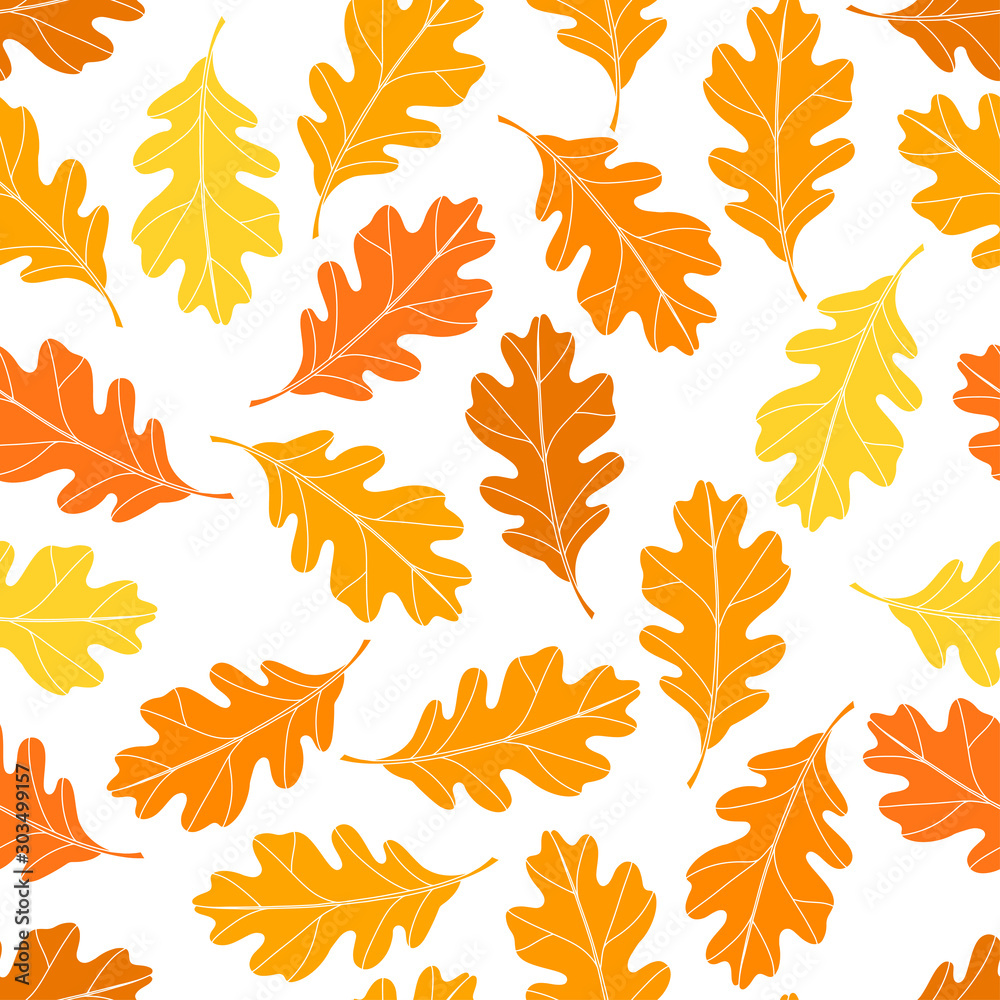 Seamless vector pattern with oak leaves on white background. Nature autumn background. Silhouettes.