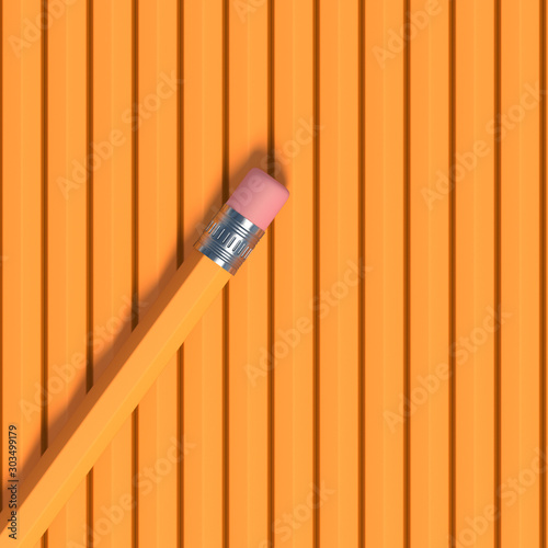 A single sharpened yellow pencil with pink eraser placed on top of a row of pencils - 3d illustration