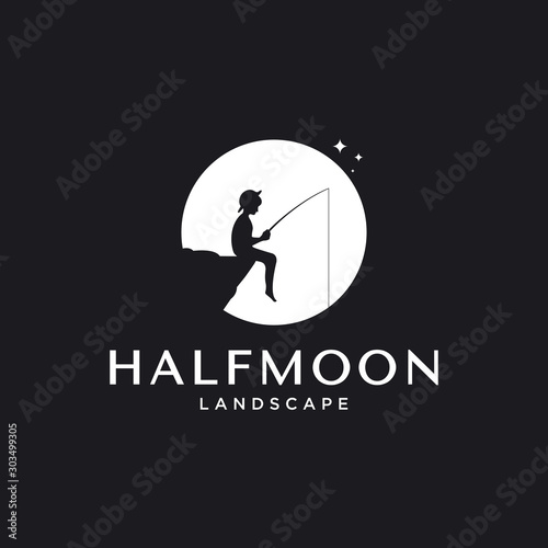 outdoor logo design inspiration with moon and little boy fishing element, vector eps 10