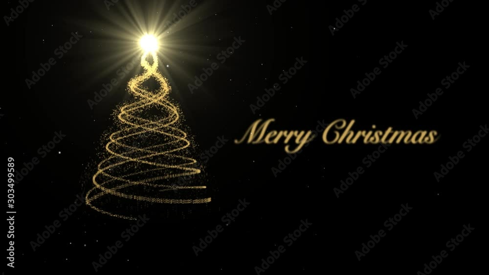 Animated Christmas tree with falling snowflakes on green screen background Christmas tree made of gold animated particles. Christmas mood. Glittering effect.