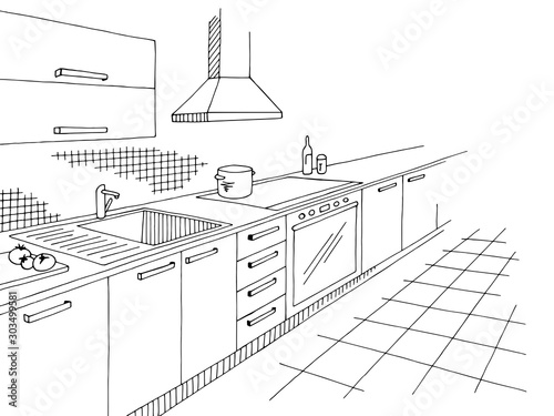 Kitchen room graphic black white home interior sketch illustration vector