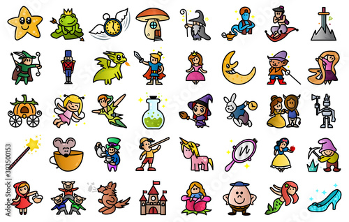 Cartoon illustration of Colored cute 40 Fairy tail icons set. Set of Fantasy Related Vector Line Icons. Funny colorful minimal fable stickers. Fantasy symbols.