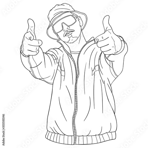 cool hip hopper points with both fingers forward. outline illustration, vector drawing, upper body.