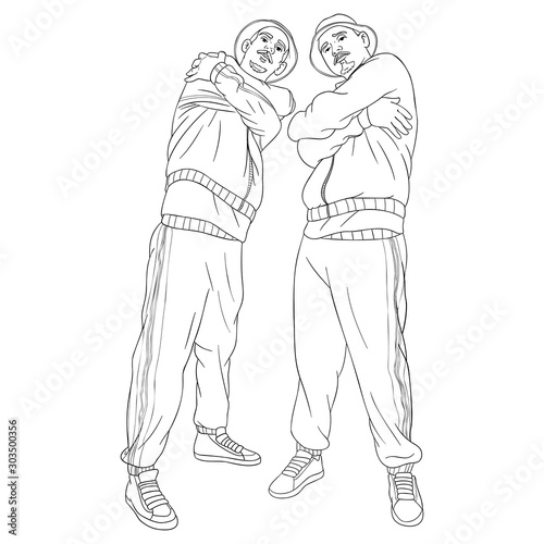 Two oldschool hip hop breakdancers standing in bboy with arms crossed looking cool in the kara. outline, vector, comic, illustration.