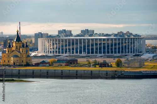  Summer view of Strelka - the confluence of the Oka and Volga rivers, the Cathedral in the name of the Holy Prince Alexander Nevsky and the Nizhny Novgorod Stadium photo