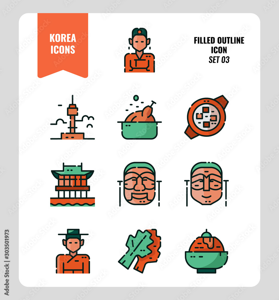 South Korea icon set 3. Include landmark, people, food, art and more. Filled Outline icons Design. vector illustration