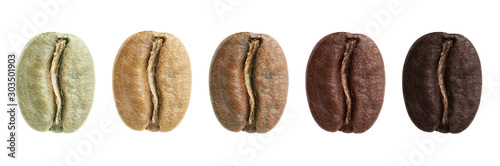 Stages of roasting coffee beans isolated