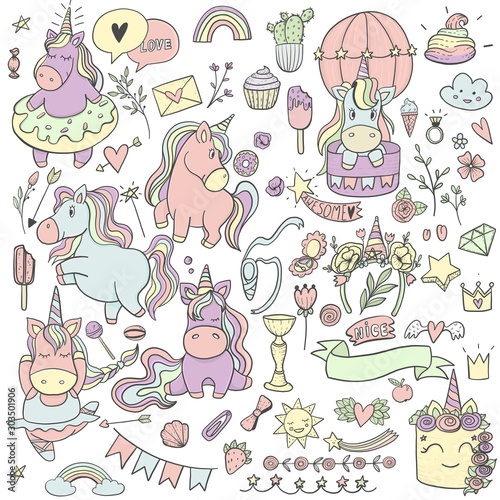 A large set of cute fairy tale unicorns for girls. Pink and blue ponies, hearts, flower, clouds, rainbow, candy, ribbon, balloon, ballerina, cake, cactus. Happy Birthday! sticker set. doodle style