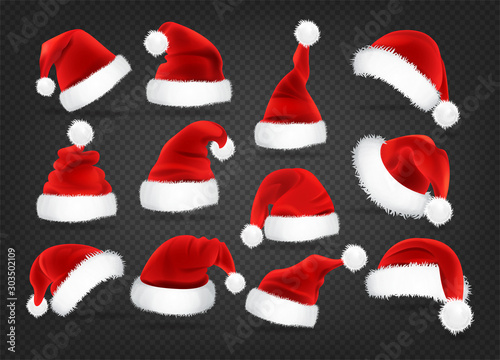 Christmas Santa Claus caps set, vector illustration. Isolated on a transparent background. Realistic Santa’s hat for xmas. Winter clothes.