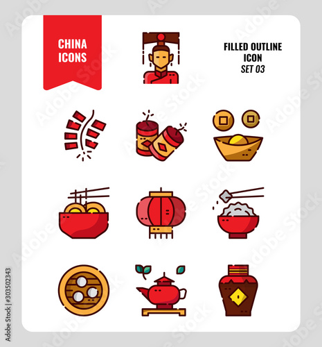China icon set 3. Include People, food, Traditional Culture, Object and more.  Filled Outline icons Design. vector illustration