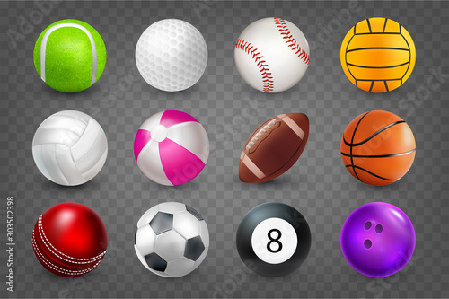 Realistic sports balls for playing games vector illustrations set. Round sports equipment icons isolated on transparent background. Illustration of soccer and baseball  tennis  bowling  tennis  golf.
