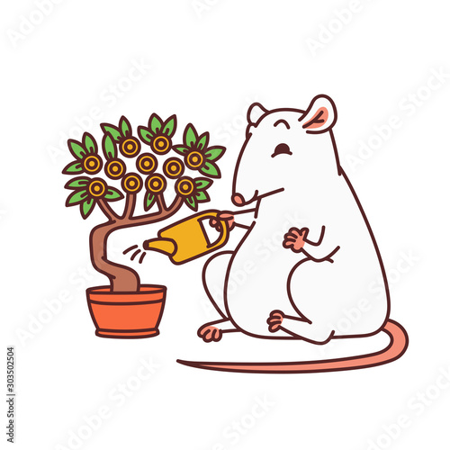 Rat watering money tree. Cute mouse Chinese new year symbol vector outline cartoon isolated illustration.