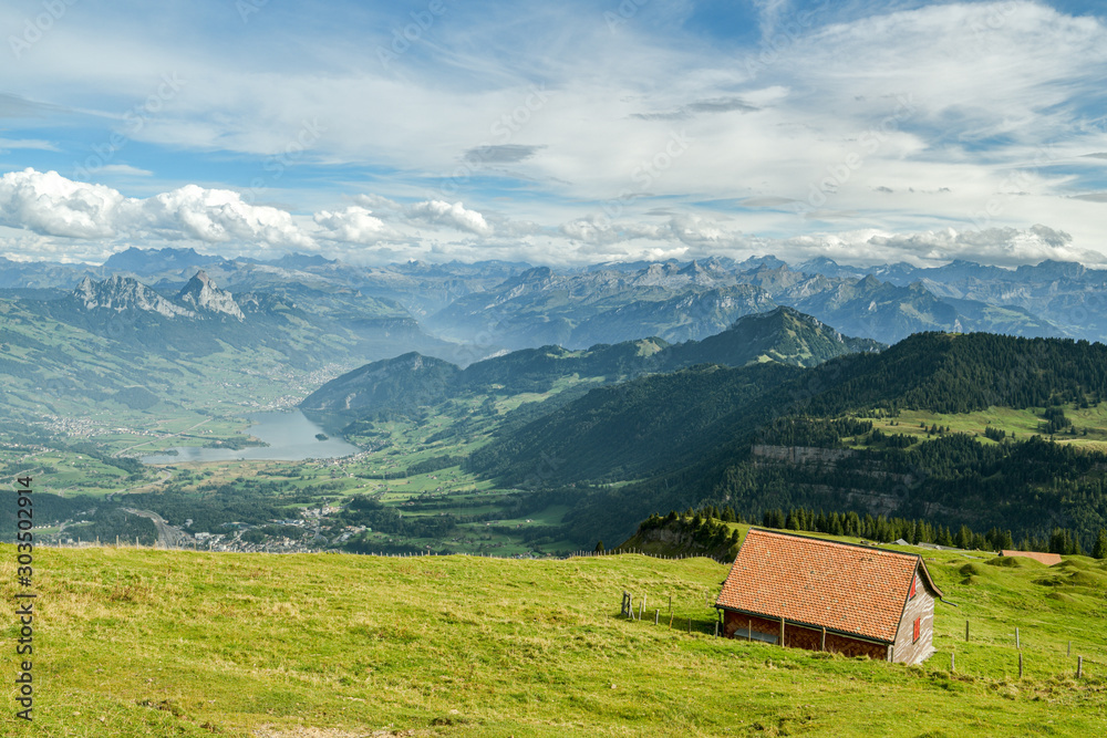 Beautiful view on Swiss Alps from top of Mount Rigi, Switzerland
