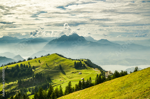 Beautiful view on Lake Lucerne, Mount Pilatus and Swiss Alps from top of Rigi Kulm photo