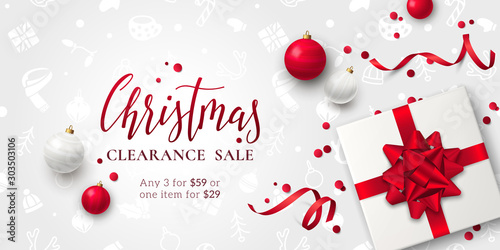 Horizontal background for Christmas sale banner with text, toys, realistic white gift box, 3D bow, red ribbons, confetti and pattern. Vector festive template for flyer with discount or special offers.