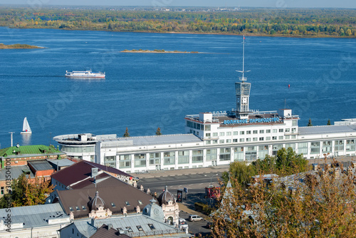 NIZHNY NOVGOROD, RUSSIA - SEPTEMBER 28, 2019: View of the River Station Building in Nizhny Novgorod, Russia. Shipping company "Volga Shipping"