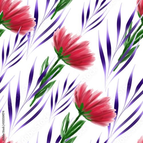 hand drawn violet and red colored plants and flowers on a white background  seamless pattern