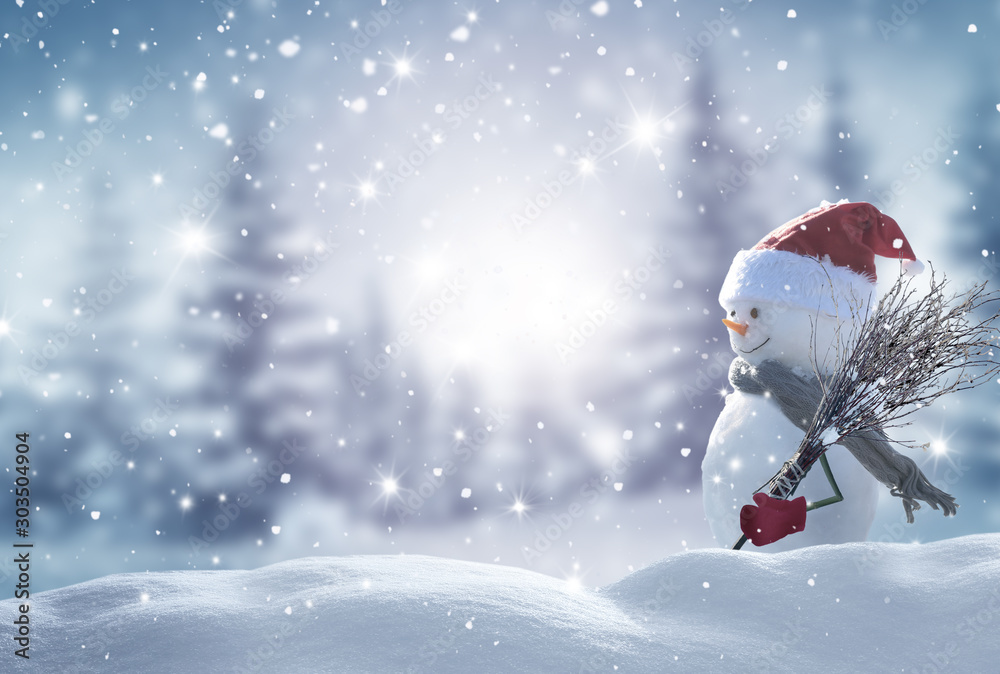 Fototapeta Wesołych Świąt i szczęśliwego nowego roku kartkę z życzeniami z kopiowaniem. Szczęśliwa bałwan pozycja w boże narodzenie krajobrazie Śnieżny tło Zimy bajka.