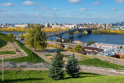 NIZHNY NOVGOROD, RUSSIA - SEPTEMBER 28, 2019: View of the city, the observation deck and a place for romantic walks in the historic territory of Old Nizhny Novgorod in the sunny autumn day