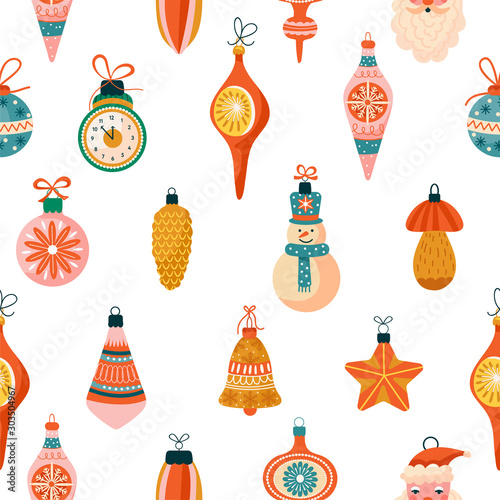 Merry Christmas background. Seamless pattern with various tree decorations. Snowman, clock, Santa Claus, bell, star and ball toy. Texture for textile, postcard, wrapping paper, packaging etc. Vector.