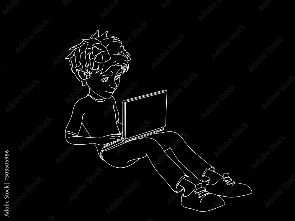 Fotografie Cartoon character boy sitting on floor using laptop