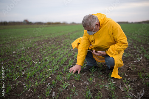 Farmer in a yellow coat sprays grain. Framer controls the work in the field over its tablet