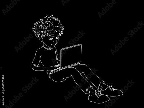 Cartoon character boy sitti...