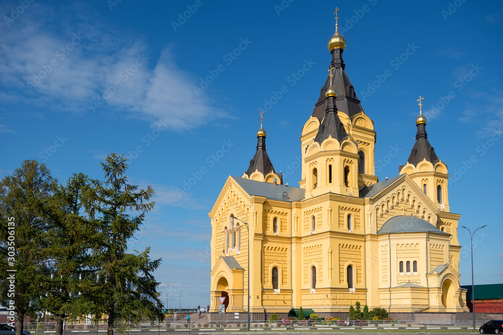 NIZHNY NOVGOROD, RUSSIA - SEPTEMBER 28, 2019: View of the Cathedral of the Holy Blessed Prince Alexander Nevsky, in the autumn morning NIZHNY NOVGOROD, RUSSIA - SEPTEMBER 28, 2019: View of the Cathedral of the Holy Blessed Prince Alexander Nevsky, in the autumn morning