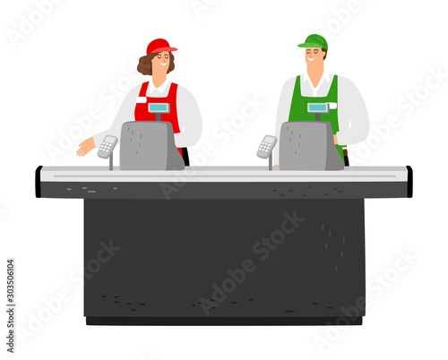 Free cash desk. Happy cashiers vector characters. Supermarket staff, empty cash desk isolated on white background