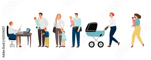 Long queue. Long line parents with children to administrator. Flat people vector characters