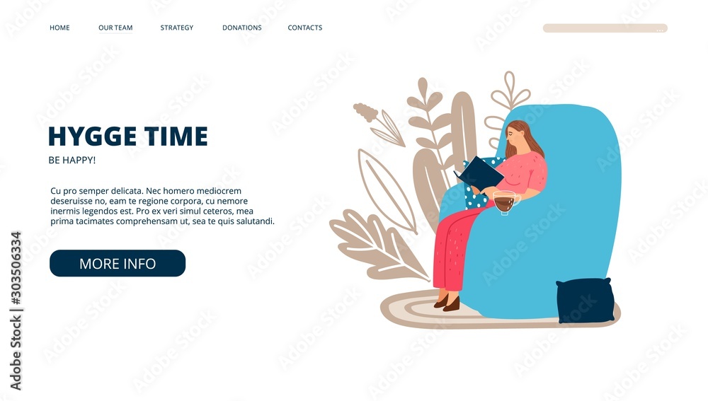 Hygge landing page. Scandinavian lifestyle banner template. Vector woman reads book on big armchair with cup of tea. Hygge web banner