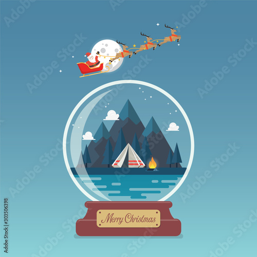 Merry christmas glass ball Santa sleigh with landscape at night