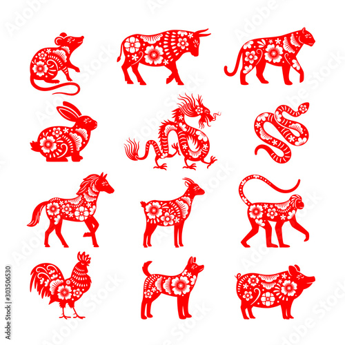 Traditional chinese zodiac illustrations. Vector china horoscope animal symbols, bull and mouse, pig and dragon vectors for papercut