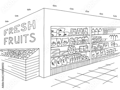 Grocery store shop interior black white graphic sketch illustration vector