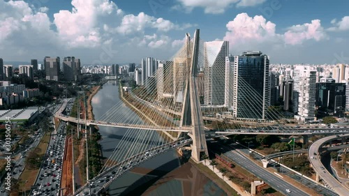 Aerial Of Cable Stayed Bridge In Sao Paulo Business Center, Peak Hour photo