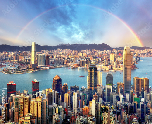 Rainbow over Hong Kong city skyline