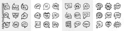 Hand drawn speech bubbles icons mega collection, thinking talking doodles