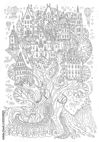 Fantasy landscape. Fairy tale oak tree with castle, old medieval town, half-timbered house. Hand drawn sketch. T-shirt print. Album cover. Coloring book page for adults and children. Black and white