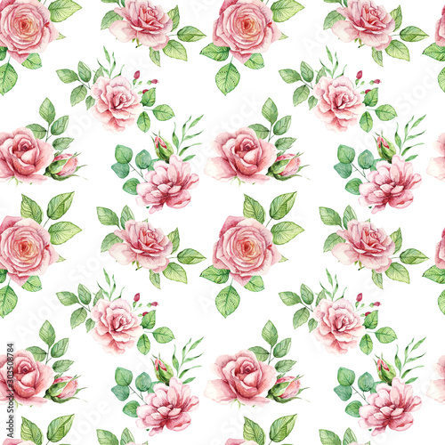 Delicate watercolor seamless pattern with roses and leaves. Trendy design, best for wedding invitation, greeting card, valentine, love, baby shower, prints, ceramic, bedding textile, background, 