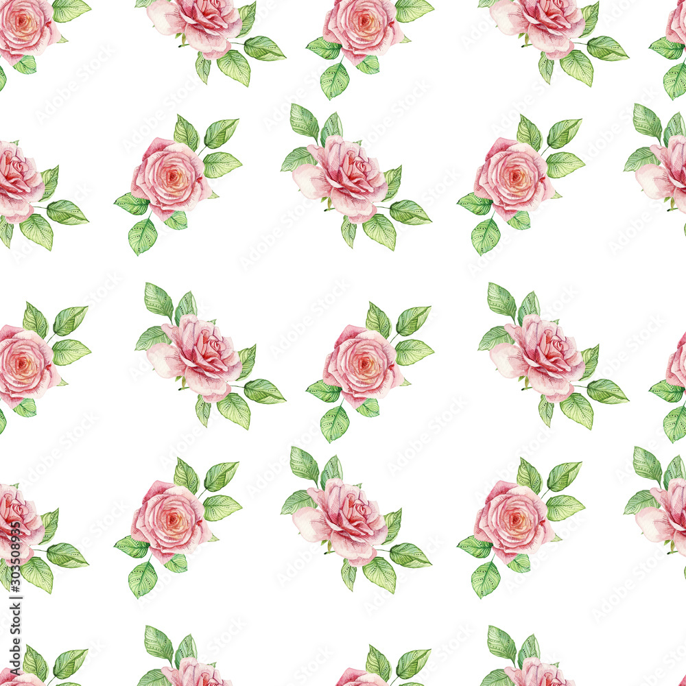 Delicate watercolor seamless pattern with roses and leaves. Trendy design, best for wedding invitation, greeting card, valentine, love, baby shower, prints, ceramic, bedding textile, background, 
