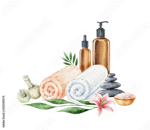 Watercolor vector Spa and bathroom accessories isolated on white background.