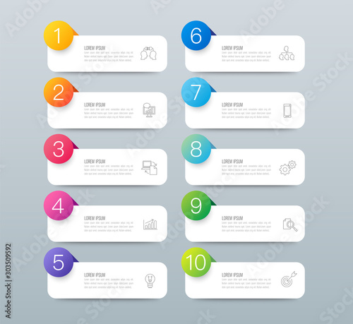 Infographics design paper art style and business icons with 10 options. Use in corporate report, marketing, annual report. Network management data screen with charts, diagrams.