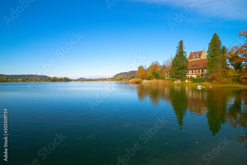 On Lake Constance in autumn. Near the castle Oberstaad. whose tower is about 800 years old. On the horizon begins at the Swiss town of Stein am Rhein, the Rhine River its way out of Lake Constance.