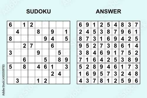 Vector sudoku with answer 301. Puzzle game with numbers.