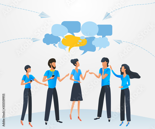 Vector illustration, flat style, group of people talking with dialogue speech bubbles, businessmen discuss social network, chat, news discussion, social networks