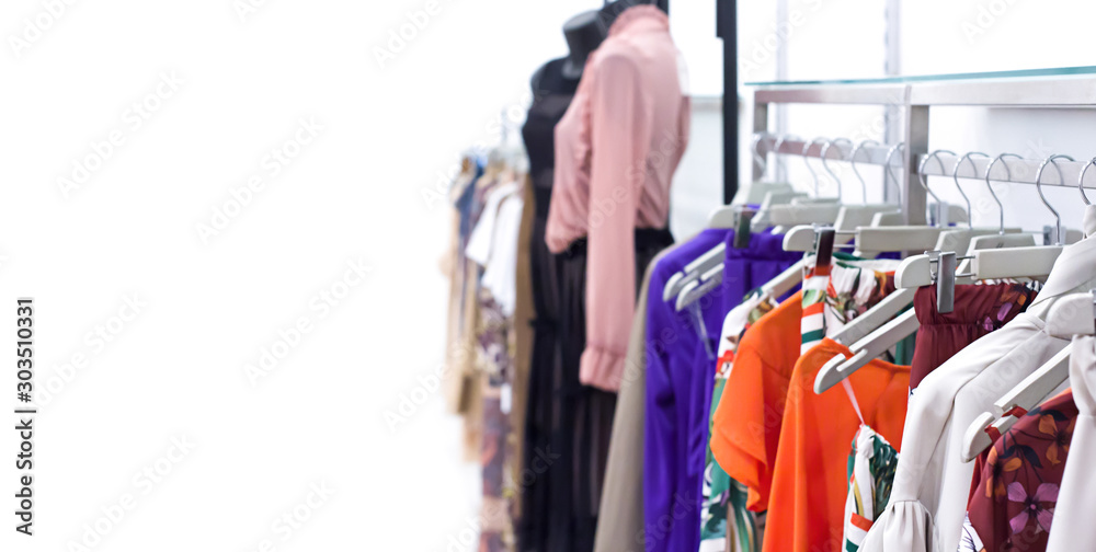 Fototapeta premium Clothing exposed in the showroom at factory. Selective focus
