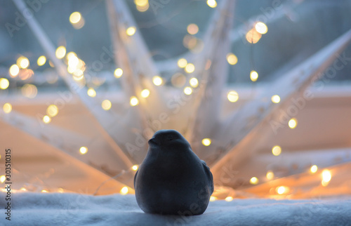 Fotografía Stone figurine of a small bird in front of New Year's and Christmas lighting near the window