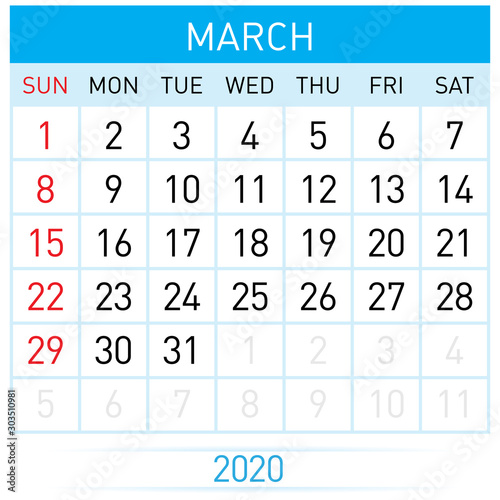 March Planner Calendar. Illustration of Calendar in Simple and Clean Table Style for Template Design on White Background. Week Starts on Sunday