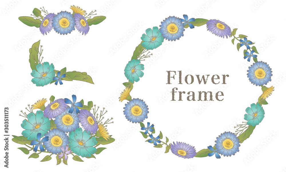 草花のフレームのイラスト 寒色 Stock Vector Adobe Stock